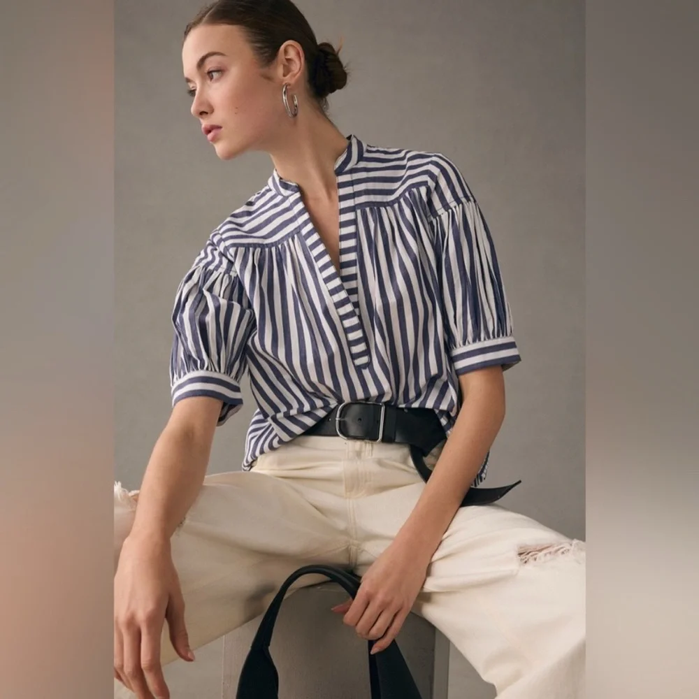 Anthropologie The Darcey‎ Popover Swing Top blue and white stripe pattern XS - Picture 2 of 8